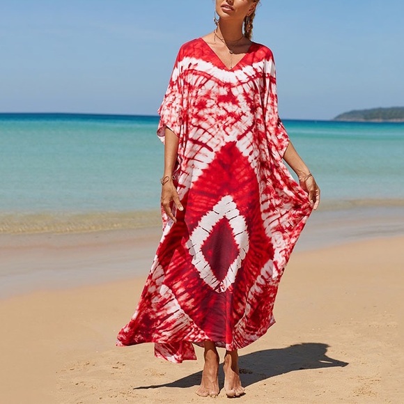 Boho Red Summer Tie Dye V-neck Batwing Sleeve Kaftan Maxi Dress, Beach Cover Up - Picture 7 of 9